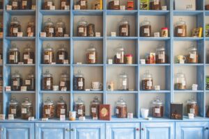 jars, herbs, shelves